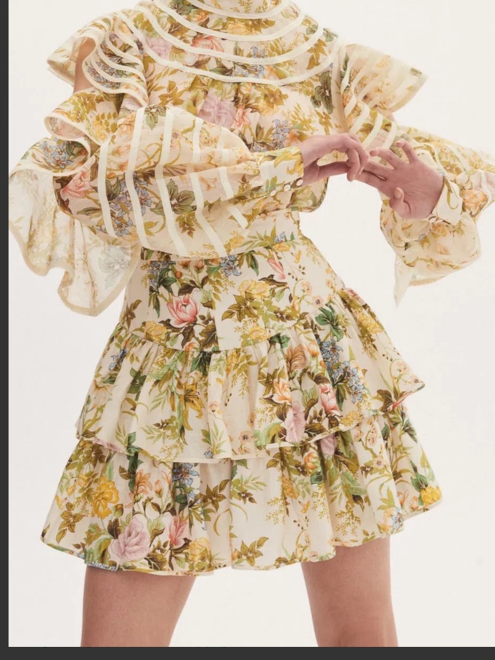 Alemais Cream Floral Tiered Ruffle Mini Skirt
